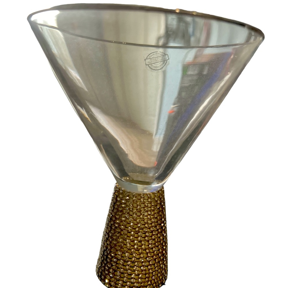 Set of 2 Rhinestone handled, silver rimmed martini glasses.